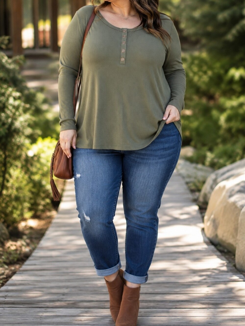In Every Story Plus Size Olive Green Ribbed Henley Long Sleeve Top Casual Fall